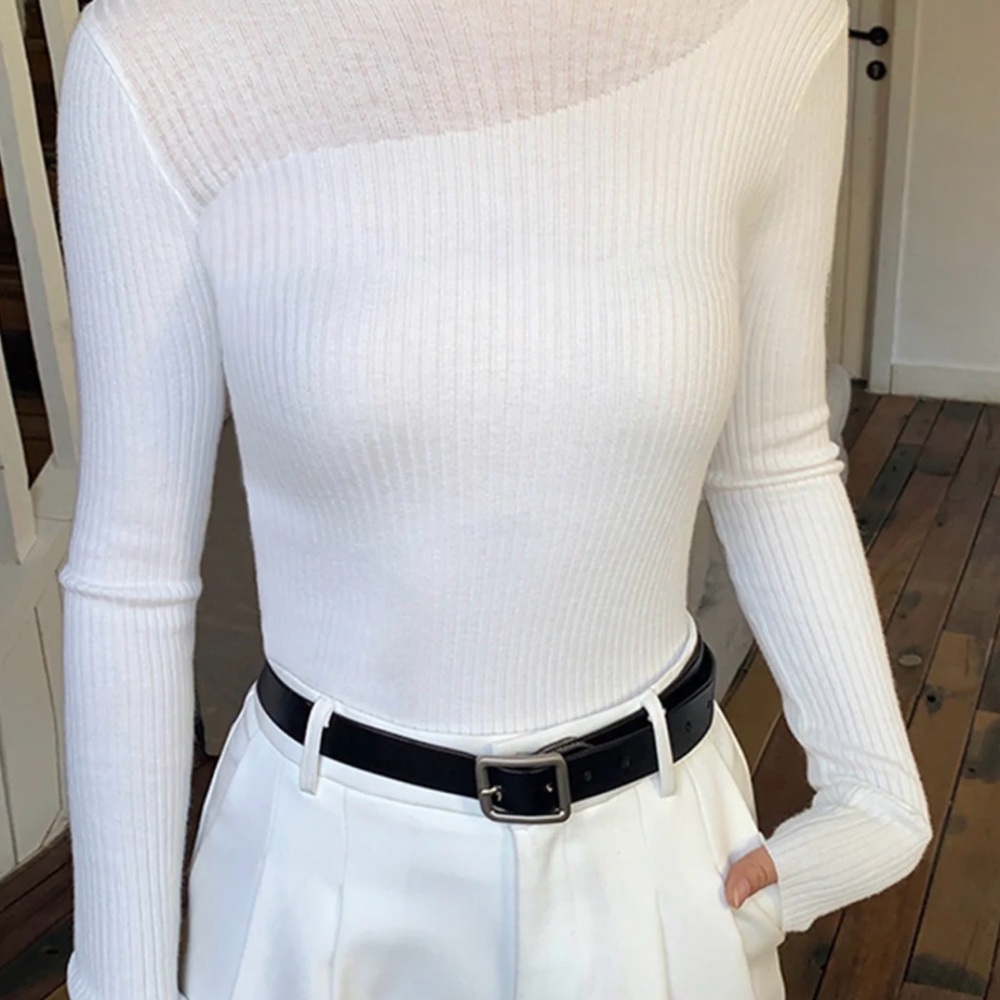 Commense Knit Ribbed Crew Neck Asymmetric Top